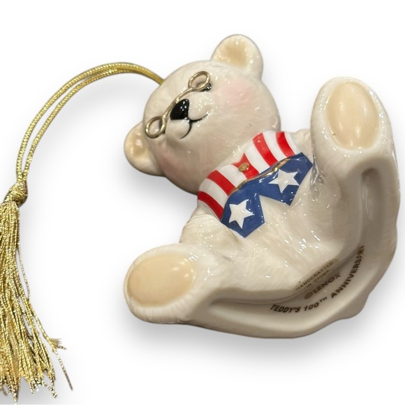LENOX Teddy's 100th Anniversary Ornament - Ivory Bone China 24K Gold Plate Trim - Picture 10 of 11